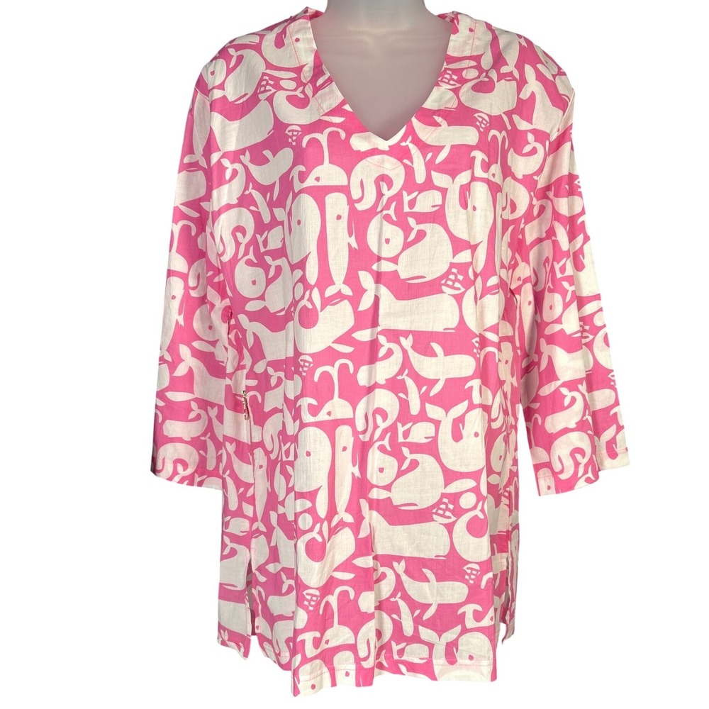 Tracy Negoshian Kaitlin Tunic Top Pink White Whale Print Cotton V-Neck Medium